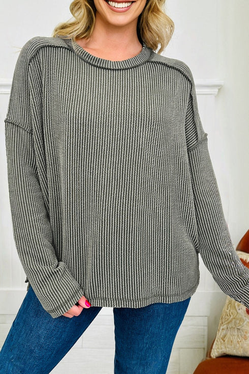 Corded Rib Exposed Seam Drop Shoulder Curved Hem Long Sleeve Top